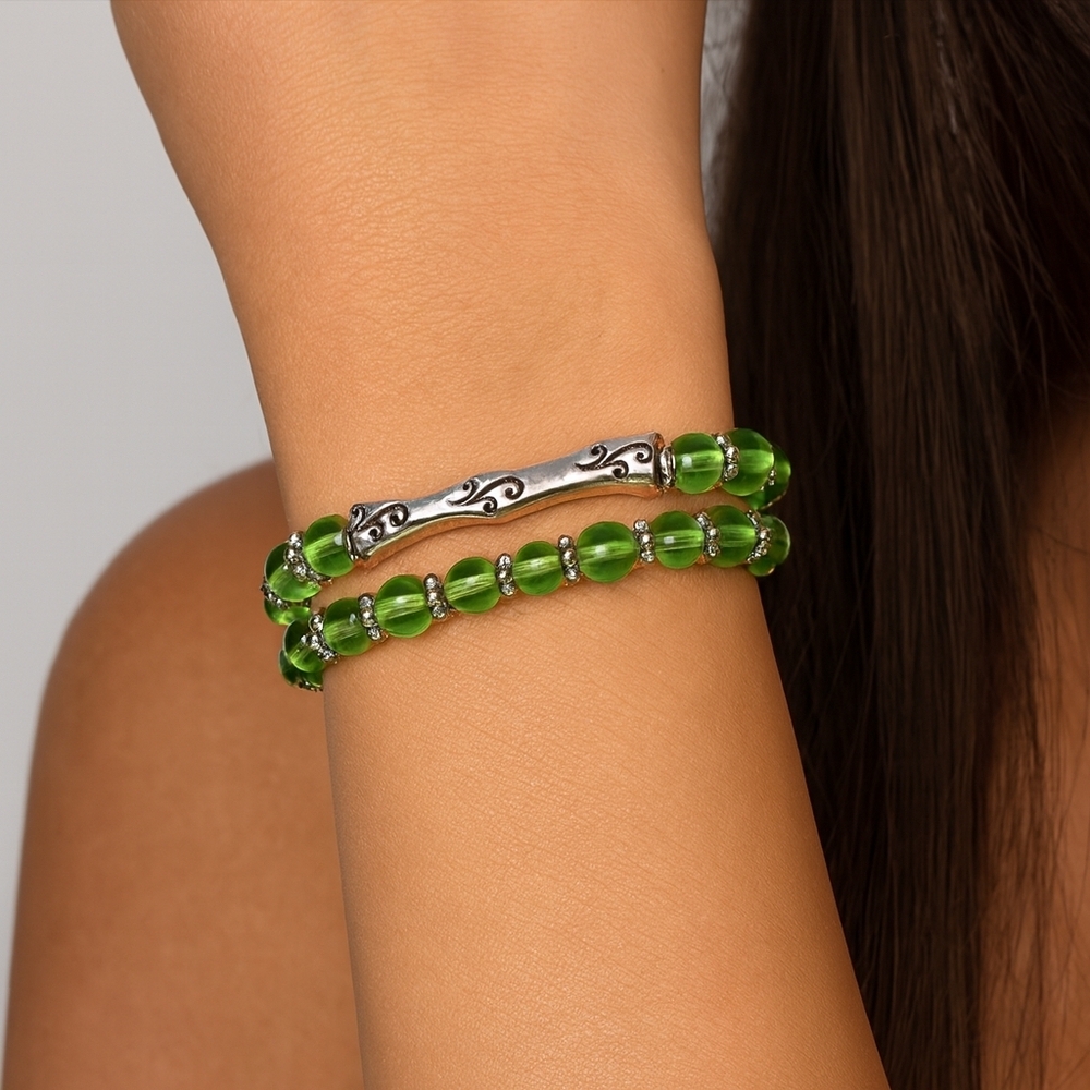 Women's Set Of 2 Silver & Green  Beaded Stretchy Bracelet -  Fashion Jewelry